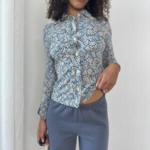 Vintage Italian Button-Up Mesh Blouse with Micro Dot Print (XS)